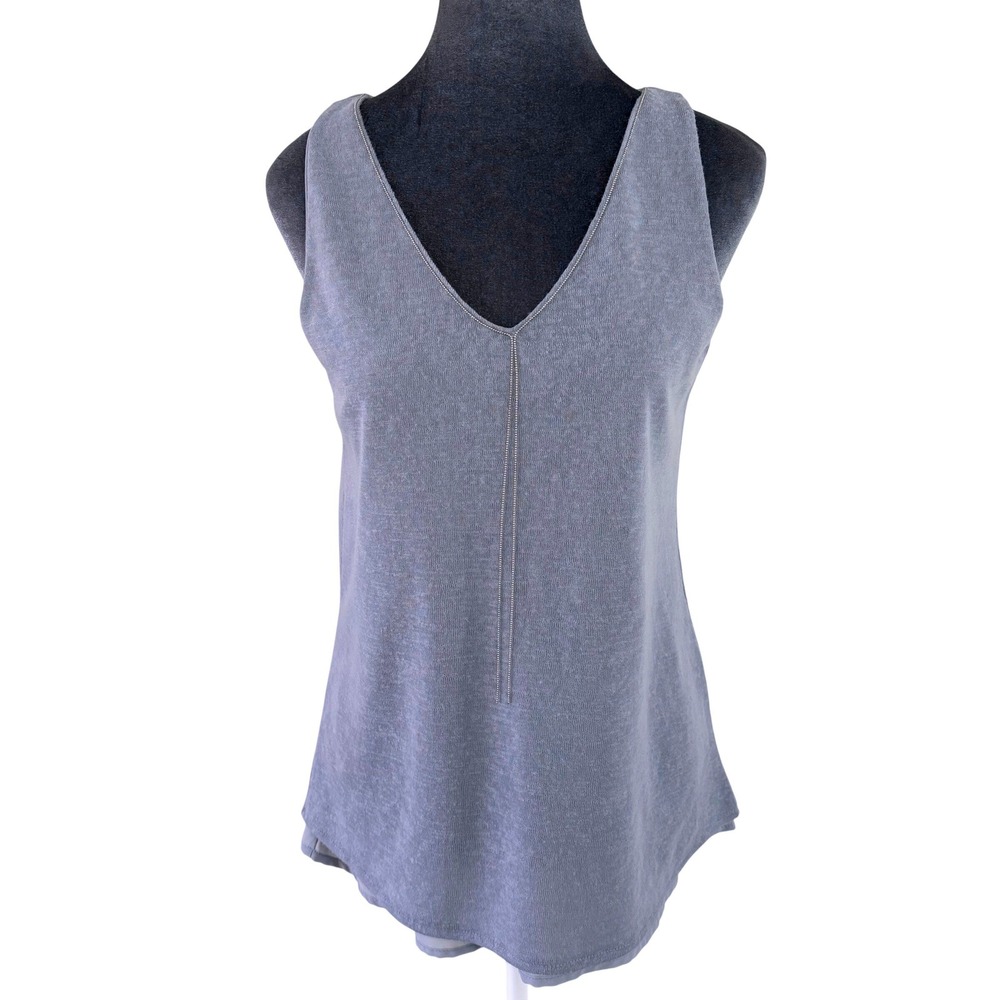 Crosby Minimalist Layering V-Neck Tank Dusty Blue Ball Chain Trim Layered Hem M
